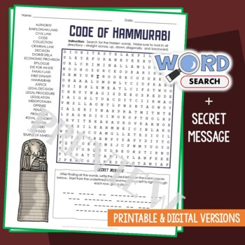Preview of Ancient Mesopotamia: Code of Hammurabi Word Search Puzzle Activity Worksheet