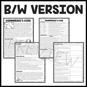 Ancient Mesopotamia Hammurabi's Code Reading Comprehension Worksheet