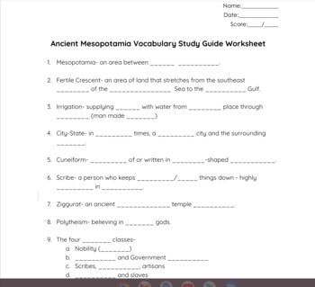 Preview of Ancient Mesopotamia Vocabulary Study Guide Worksheet 