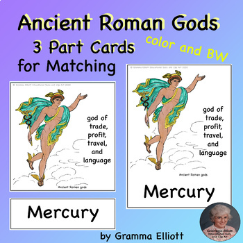 Preview of Ancient Roman Gods on Printable 3 Part Cards for Home and School in Color and BW