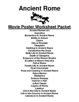 Preview of Ancient Rome "Movie Poster" WebQuest & Worksheet Packet  (64 Topics)