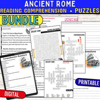 Preview of Ancient Rome Reading Comprehension Passage,PUZZLES,Quiz,Digital BUNDLE