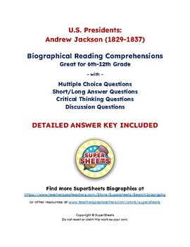 Preview of Andrew Jackson Biography: Reading Comprehension & Questions w/ Answer Key