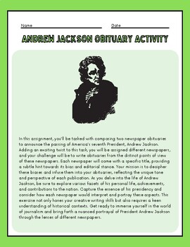 Preview of Andrew Jackson Obituary Activity