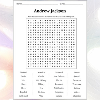 Andrew Jackson Word Search Puzzle Worksheet Activity by Word Search Corner