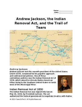 Preview of Andrew Jackson, the Indian Removal Act, and the Trail of Tears Worksheet