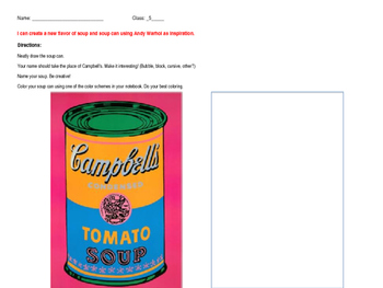 Preview of Andy Warhol Soup Can art worksheets