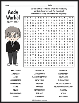 andy warhol word search puzzle worksheet activity by puzzles to print