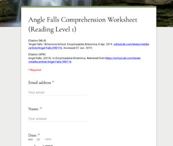 Preview of Angel Falls Article (Reading Level 1) Comprehension Worksheet for Google Forms