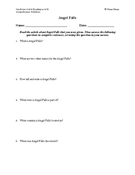 Preview of Angel Falls Article (Reading Level 3) Comprehension Worksheet