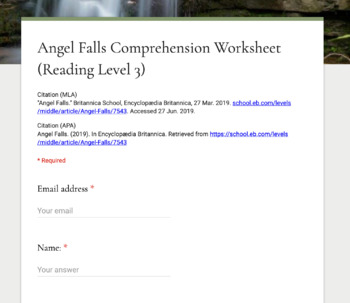 Preview of Angel Falls Article (Reading Level 3) Comprehension Worksheet for Google Forms