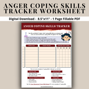 Anger Coping Skills Tracker Fillable Worksheet Kids-School Counselor ...