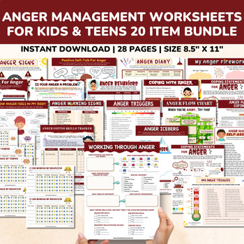 Preview of Anger Management Worksheets 20 Item Bundle-SEL Managing Anger School Counseling