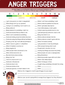 Preview of Anger Triggers Fillable Worksheet Teens Adolescents Anger Management Activity