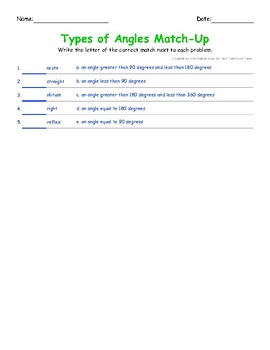 Preview of Types of Angles with Definitions Matching Quiz