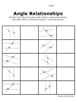 Preview of Angle Pairs Worksheet- Same Side, Alternate, Exterior, Interior, Corresponding