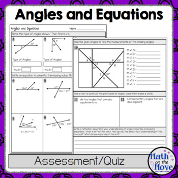 Preview of Angle Properties and Equations Assessment or Practice Worksheet (7.G.5)