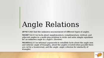 Preview of Angle Relations (Complementary, Supplementary, Vertical, Adjacent)