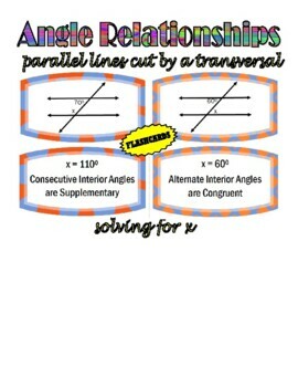 Angle Relationship Flashcards -Solve for x- Parallel Lines Cut by a  Transversal