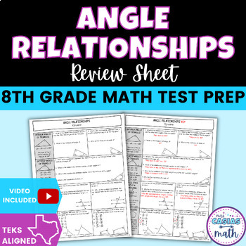 Preview of Angle Relationships 8th Grade Math Review Sheet | STAAR State Test Prep