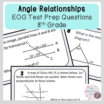 Preview of Angle Relationships | EOG Review Questions | Grade 8 Math | Test Prep