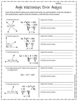 angle relationships error analysis worksheet activity ccss 7 g b 5 aligned