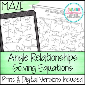Preview of Angle Relationships Worksheet  - Solving Equations Maze Activity