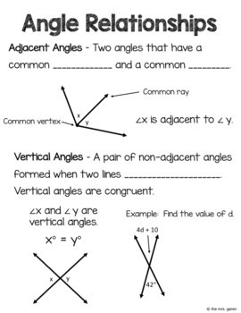 Angle Relationships Notes Complementary Supplementary Vertical