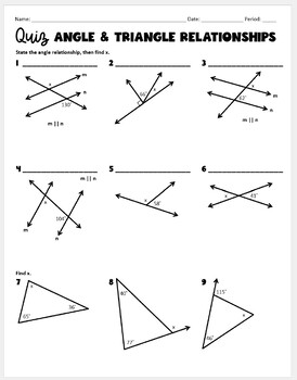 Preview of Angle and Triangle Relationships Quiz