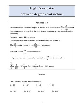 Preview of Angle conversion between degrees and radians
