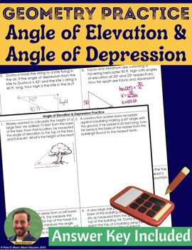 Angle of Elevation Depression Practice Worksheet   Answer Key TPT