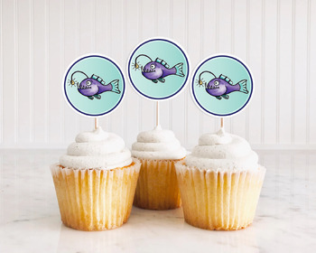 Angler Fish Watercolor Cupcake Toppers by KM Studio