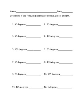 Preview of Angles Identification Obtuse, Acute, Right angles.