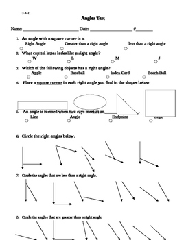 Preview of Angles Test- 2nd- 4th grade- Math- editable