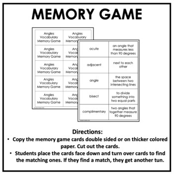 Angles Vocabulary Memory Game and Definition Accordion Booklet | TPT