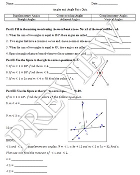 Preview of Angles and Angle Pairs Quiz