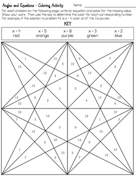 Angle Properties and Solving Equations - Coloring Activity (7.G.5)