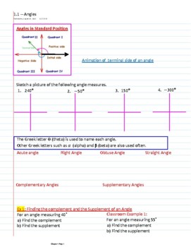 Preview of Ch1 Trigonometry - Angles and Trig Functions - Guided notes (Ch1)