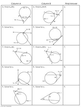 Angles in Circles (using Secants, Tangents, and Chords) Partner Worksheet