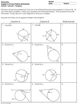 Angles in Circles using Secants, Tangents, and Chords Partner Worksheet