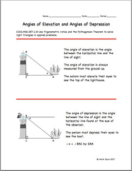 Angle of elevation and depression worksheet