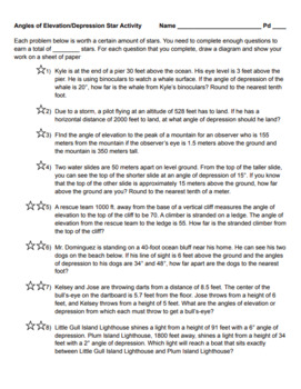 Preview of Angles of Elevation and Depression Star Worksheet