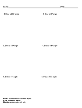 Preview of Angles worksheets acute, obtuse, reflex, right Draw angles Quiz Test