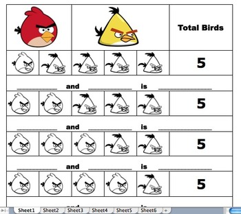 Preview of Angry Birds Kindergarten Addition Worksheet Bundle (5-10)