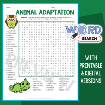 Preview of STEM Animal Adaptation Word Search Puzzle Fun Vocabulary Activity Worksheet