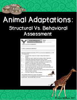 Preview of Animal Adaptations : Structural Vs. Behavioral Assessment and Sort