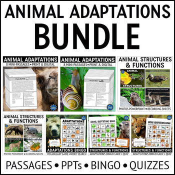 Preview of Animal Adaptations Reading Passages PowerPoints and Bingo Games Bundle