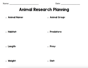 Animal Adaptations Research Project Student Planning Benchmark Advance