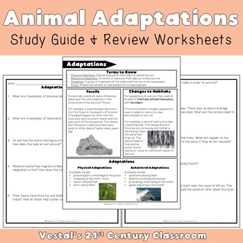 Preview of Animal Adaptations Study Guide and Review Worksheets - VA SOL 3.4