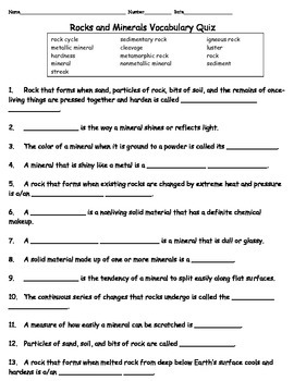 Rocks and Minerals Vocabulary Words and Quiz with Answer Key | TpT